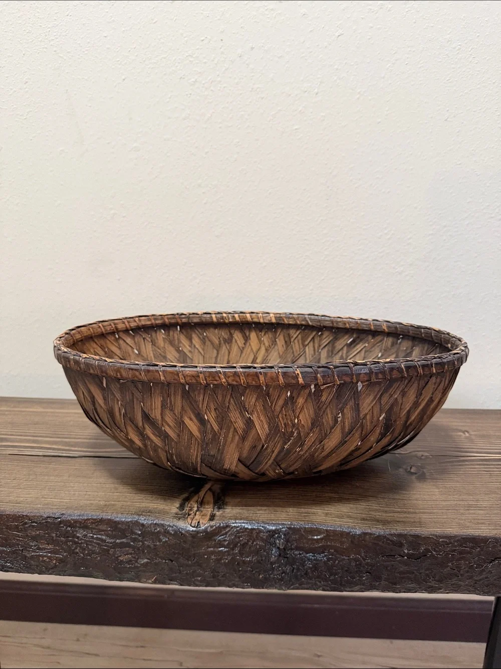 Vintage Handwoven Oval Wicker Basket Bowl Farmhouse Primitive Cottagecore Decor
